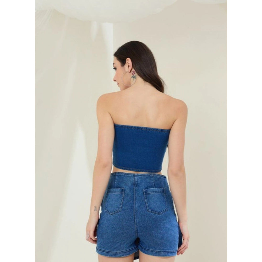 Women's Denim Lycra Solid Sleeveless Top (Blue)