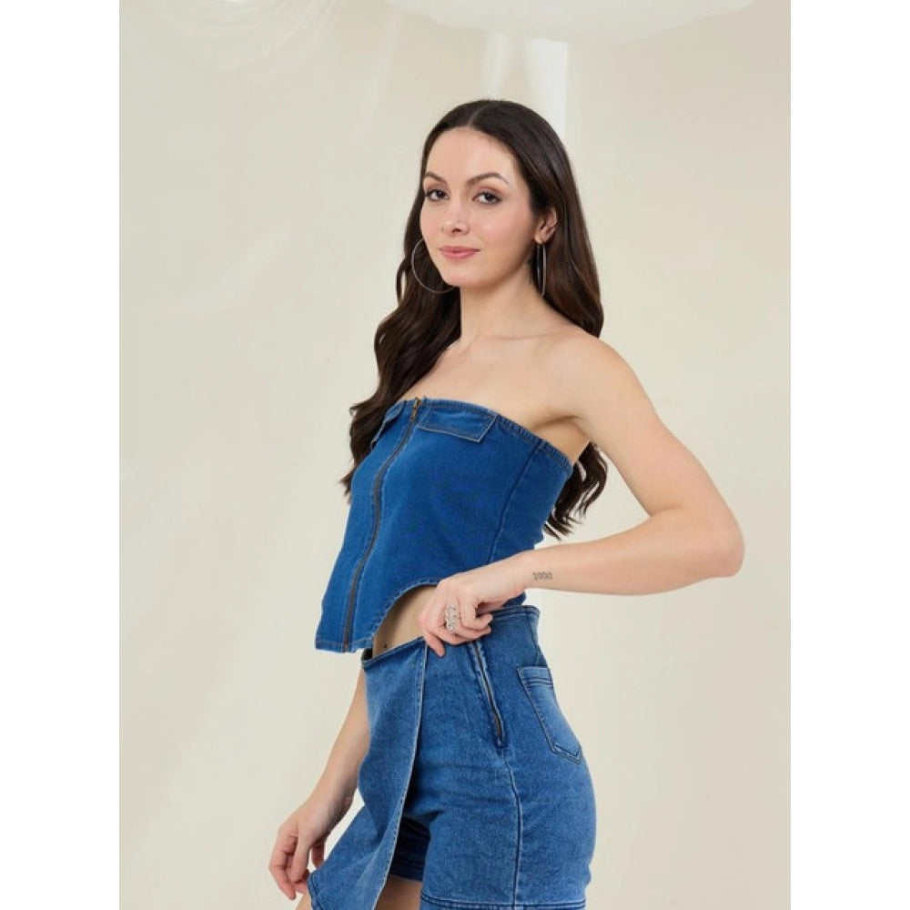 Women's Denim Lycra Solid Sleeveless Top (Blue)