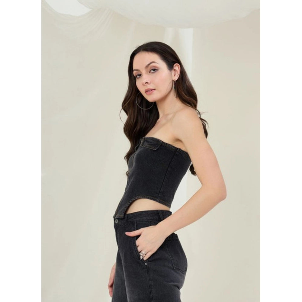 Women's Denim Lycra Solid Sleeveless Top (Black)