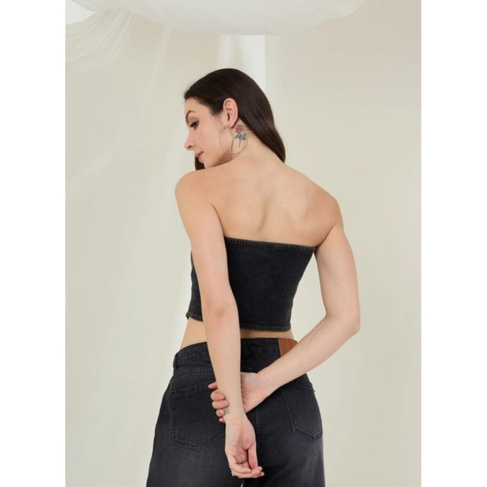 Women's Denim Lycra Solid Sleeveless Top (Black)