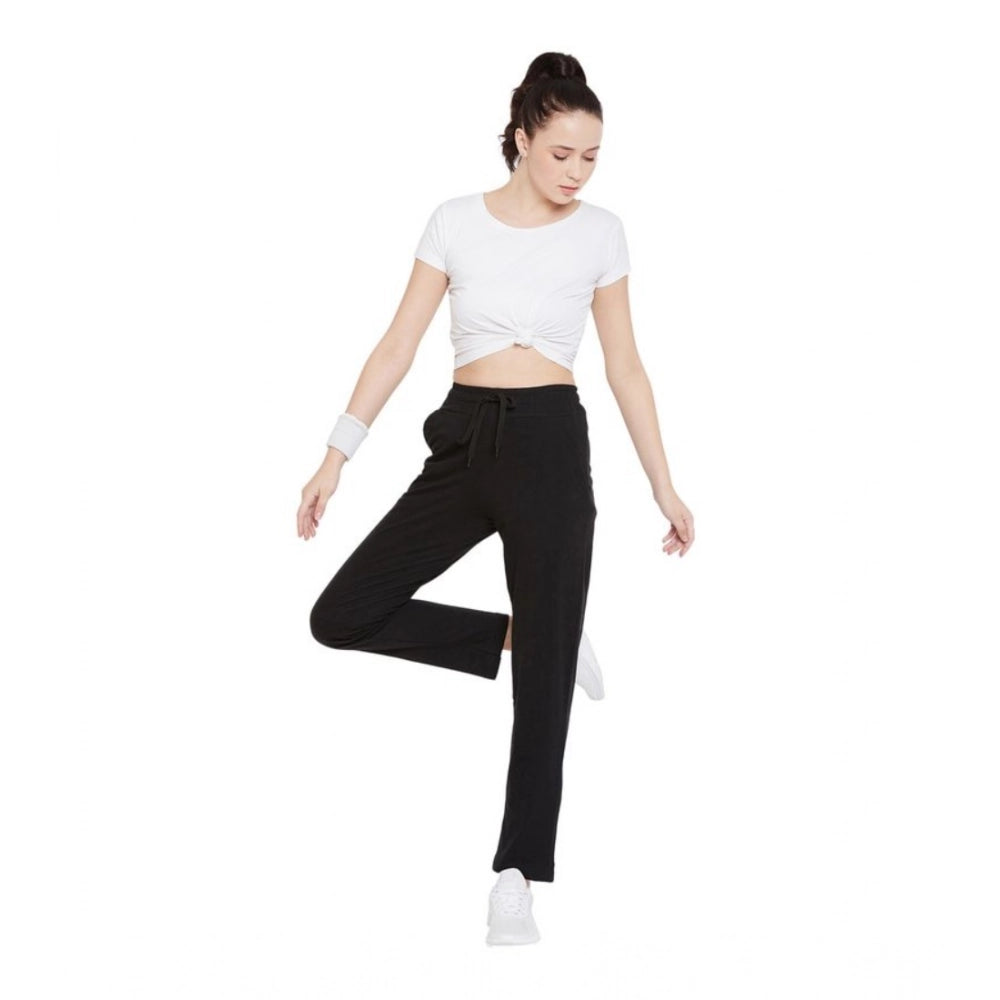 Women's Cotton Solid Elasticated Track Pants (Black)