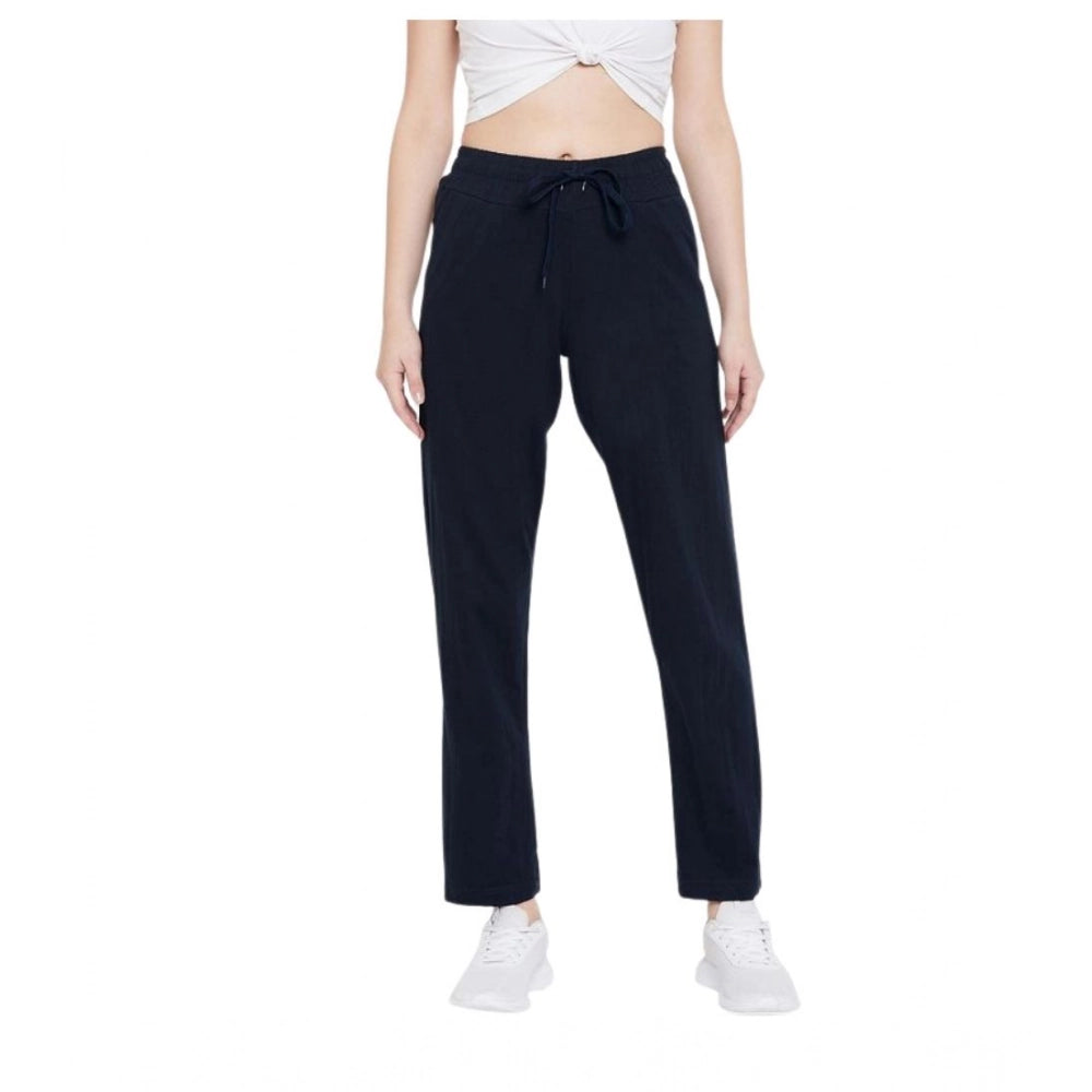 Women's Cotton Solid Elasticated Track Pants (Navy)