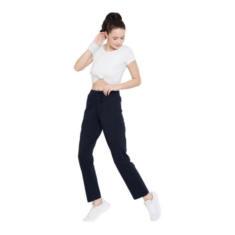 Women's Cotton Solid Elasticated Track Pants (Navy)