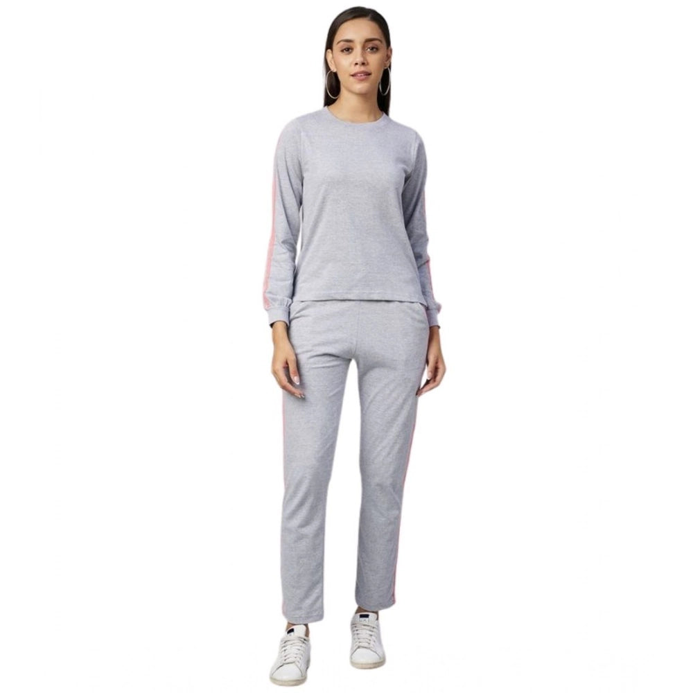 Women's Cotton Solid Long Sleeves Tracksuit (Light Grey - Pink)