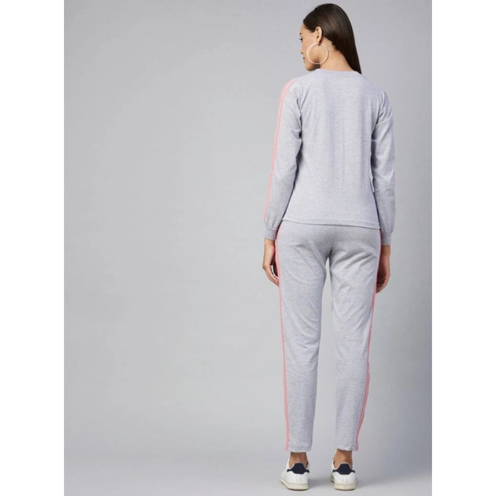 Women's Cotton Solid Long Sleeves Tracksuit (Light Grey - Pink)