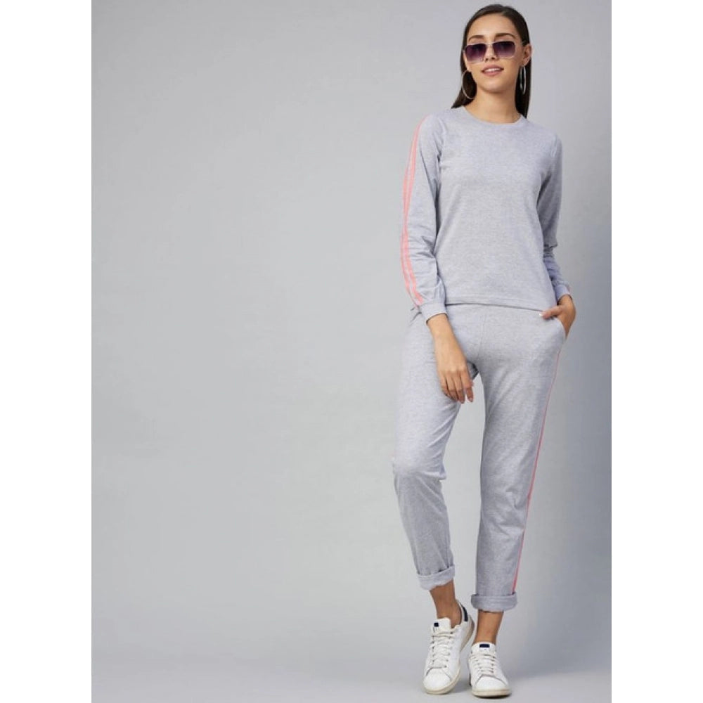 Women's Cotton Solid Long Sleeves Tracksuit (Light Grey - Pink)