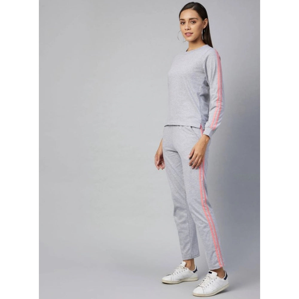 Women's Cotton Solid Long Sleeves Tracksuit (Light Grey - Pink)