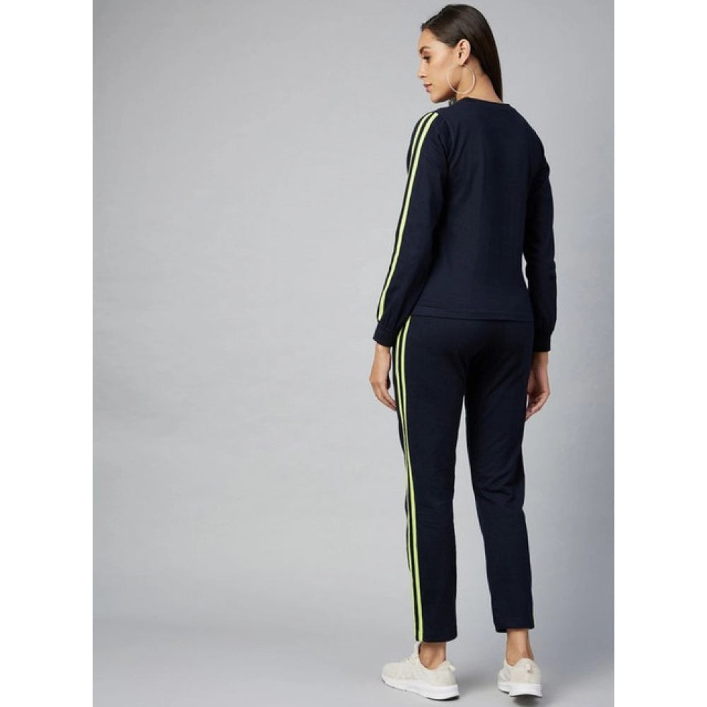 Women's Cotton Solid Long Sleeves Tracksuit (Navy - Green)