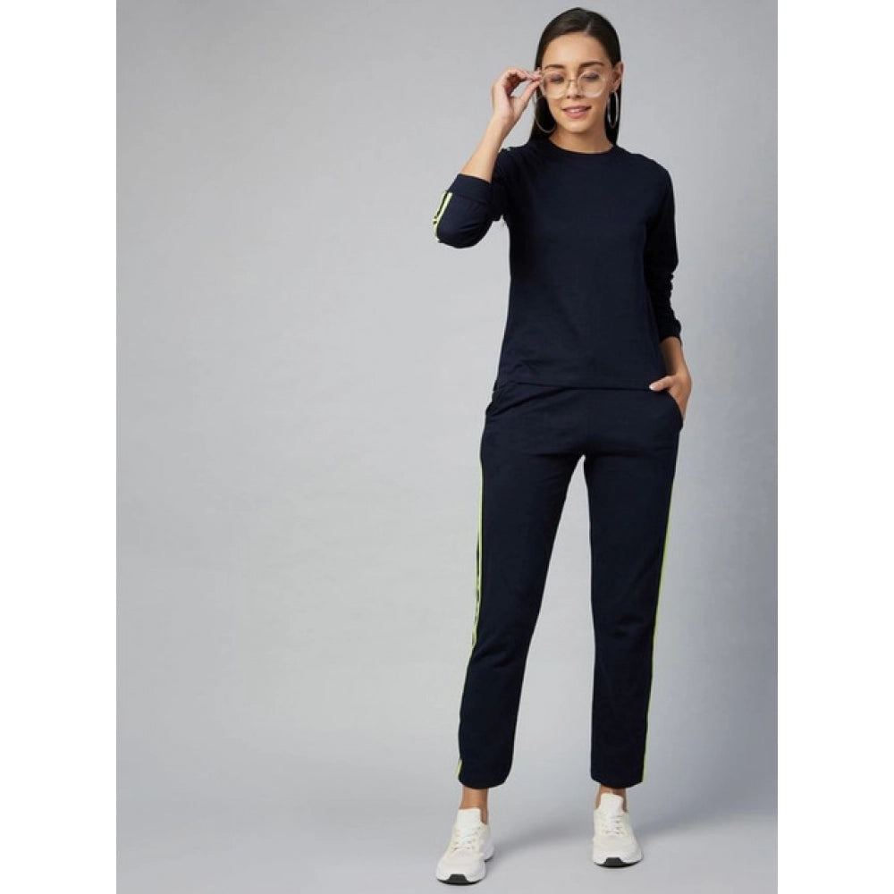 Women's Cotton Solid Long Sleeves Tracksuit (Navy - Green)