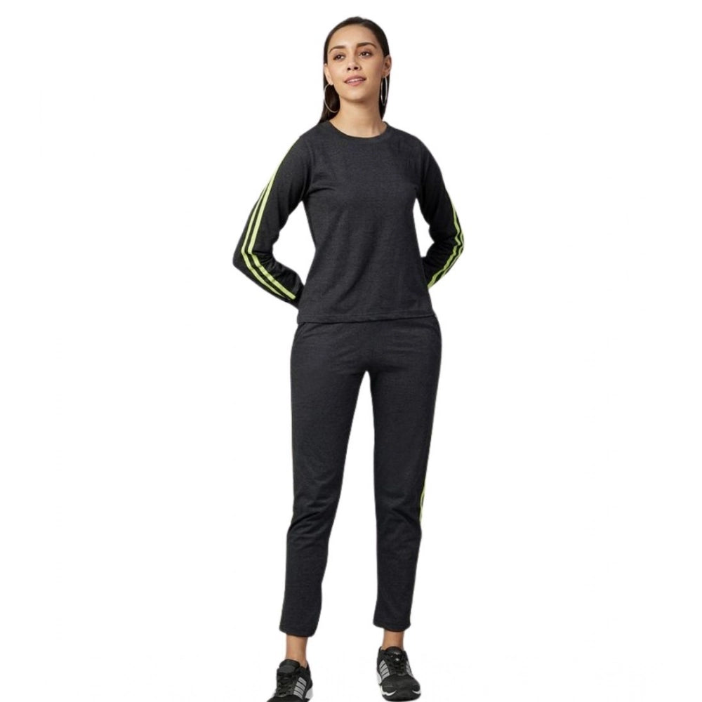 Women's Cotton Solid Long Sleeves Tracksuit (Dark Grey - Green)