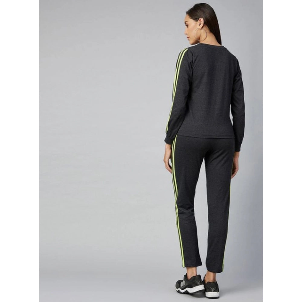 Women's Cotton Solid Long Sleeves Tracksuit (Dark Grey - Green)