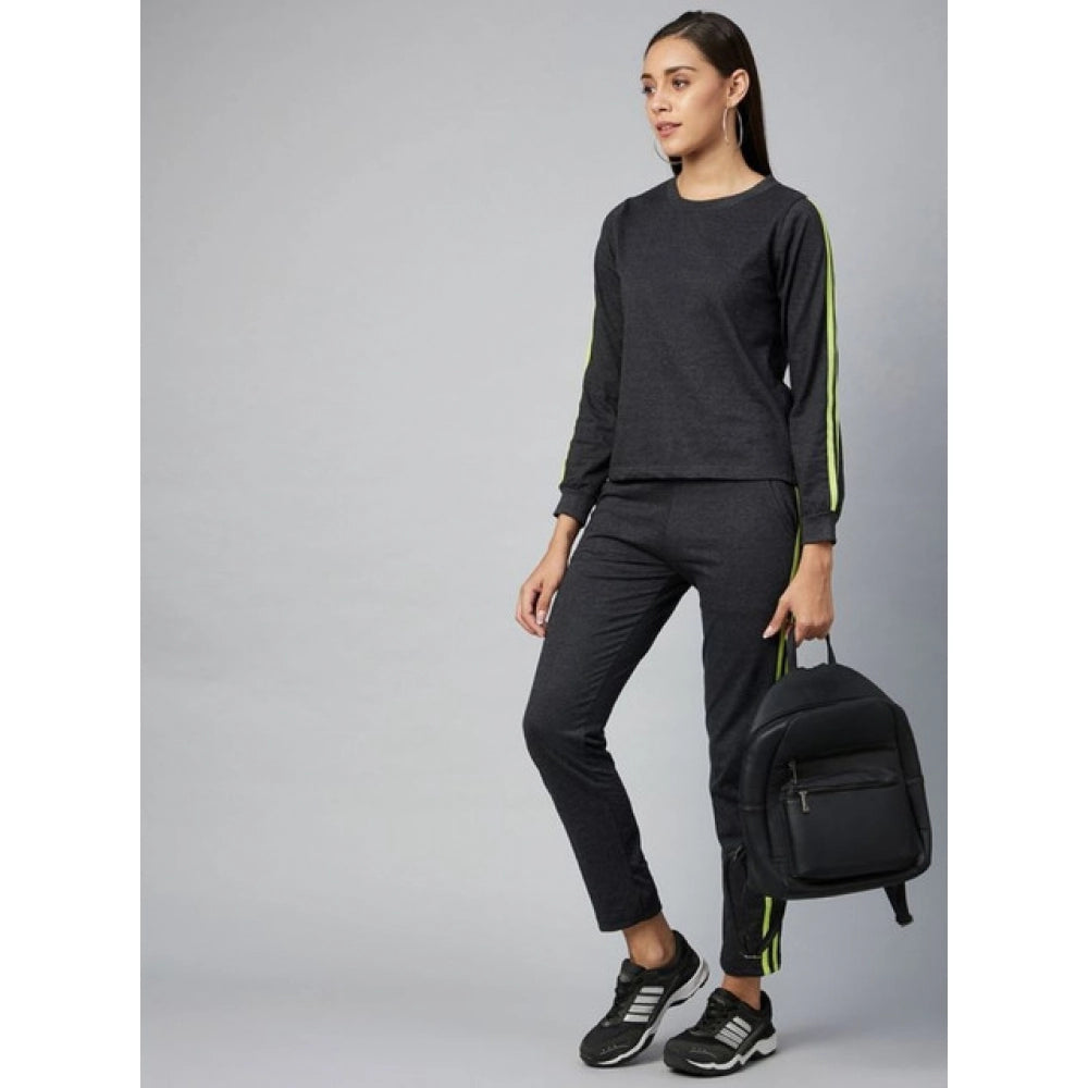 Women's Cotton Solid Long Sleeves Tracksuit (Dark Grey - Green)