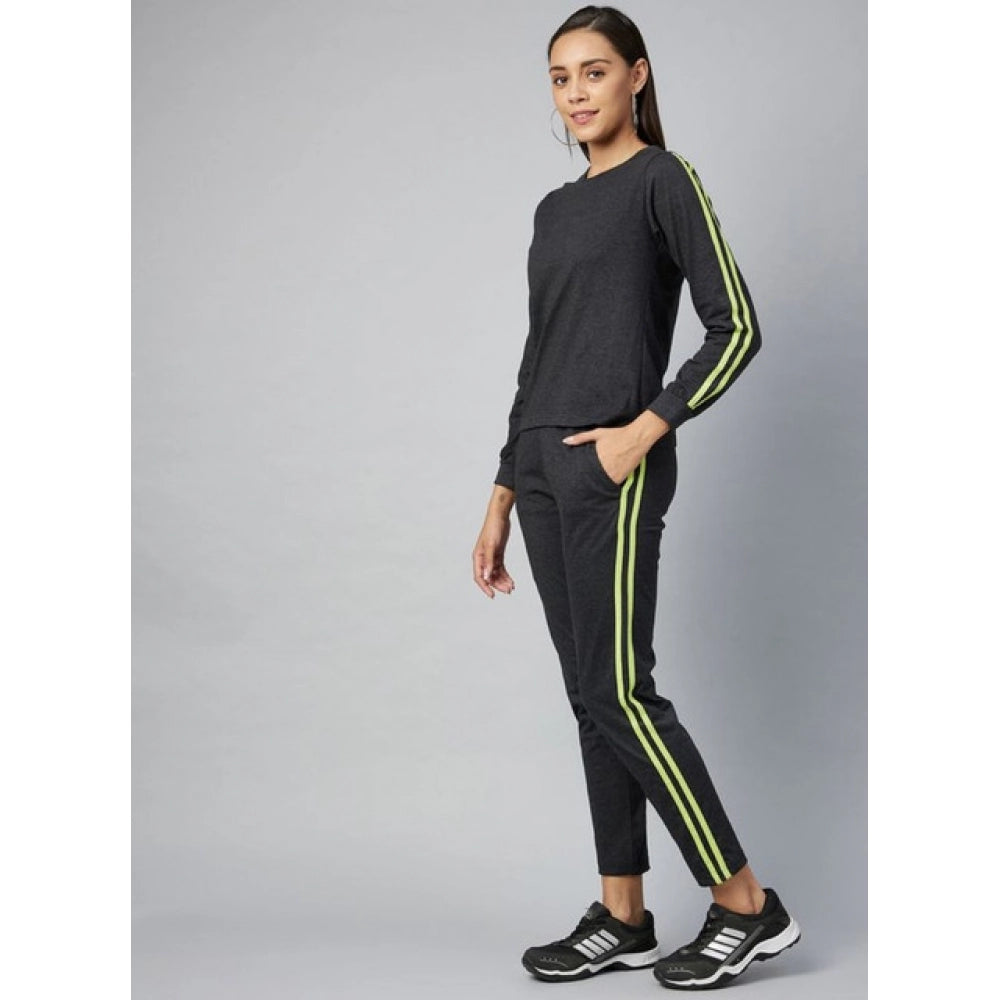 Women's Cotton Solid Long Sleeves Tracksuit (Dark Grey - Green)