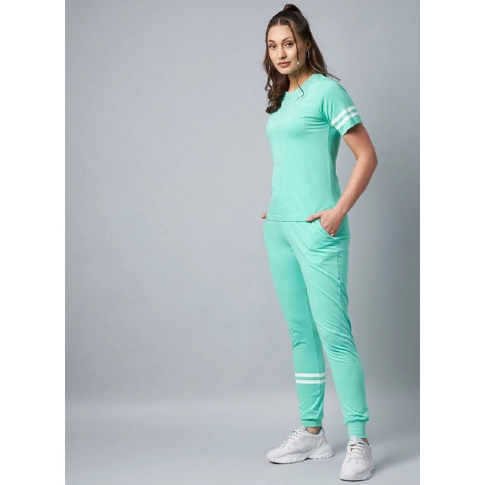 Women's Cotton Striped Short Sleeve Tracksuit (Green)