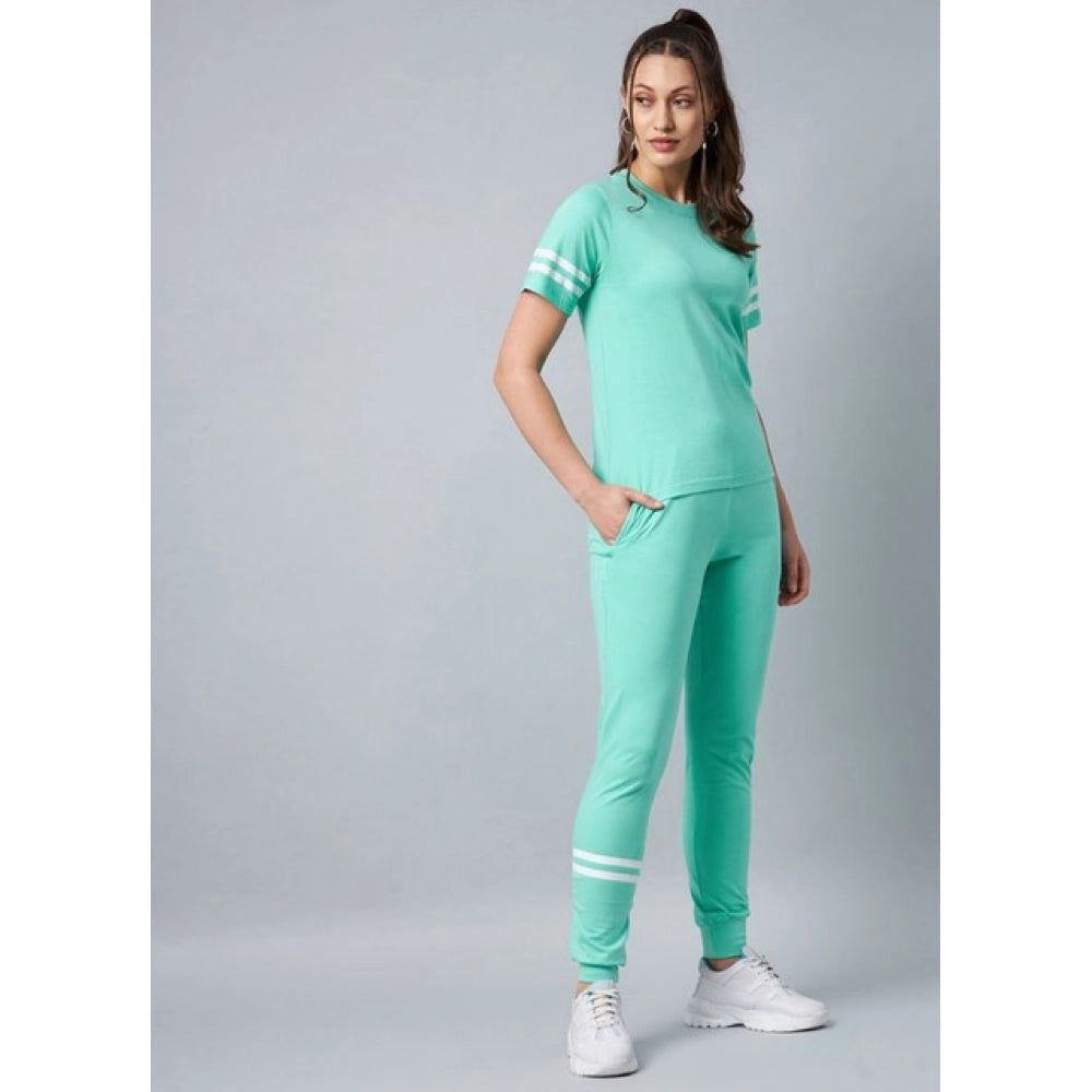 Women's Cotton Striped Short Sleeve Tracksuit (Green)