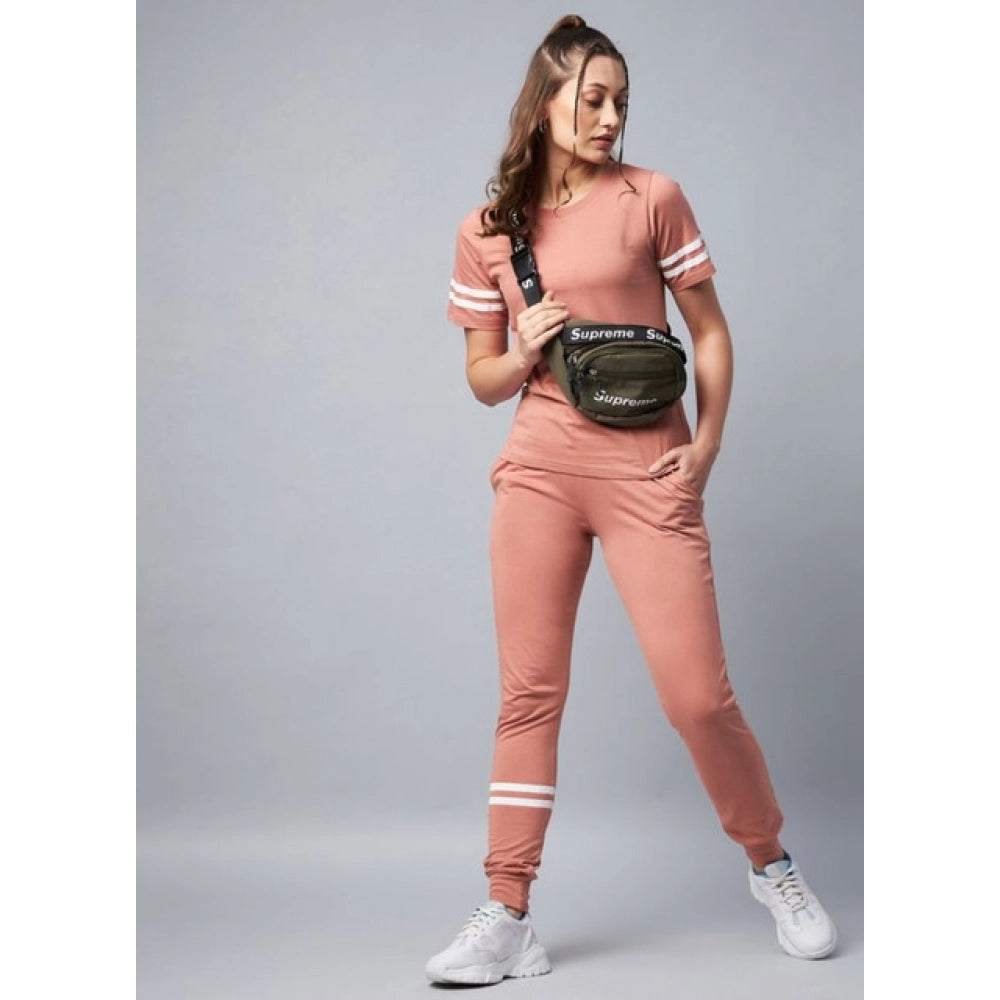 Women's Cotton Striped Short Sleeve Tracksuit (Pink)