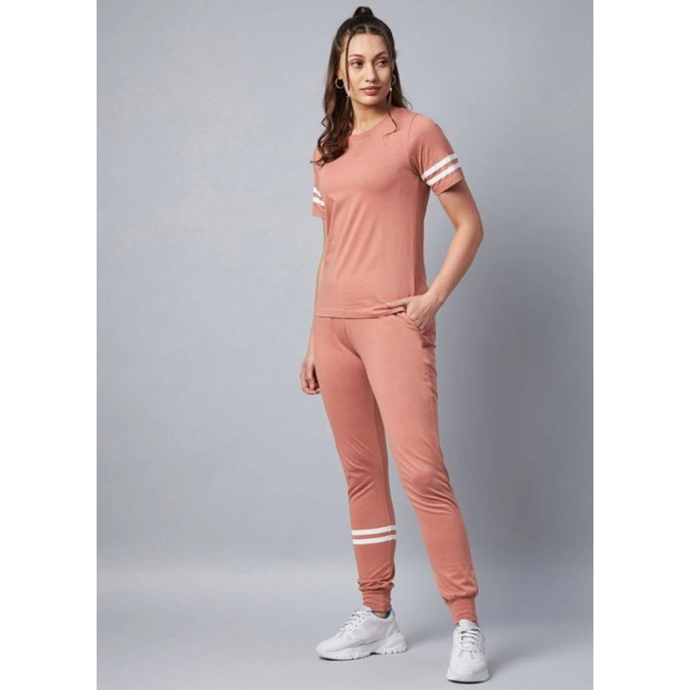 Women's Cotton Striped Short Sleeve Tracksuit (Pink)