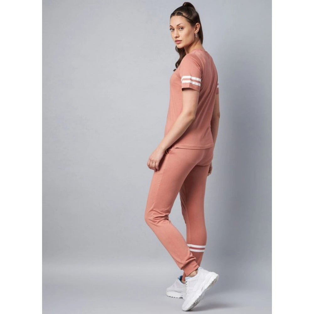 Women's Cotton Striped Short Sleeve Tracksuit (Pink)
