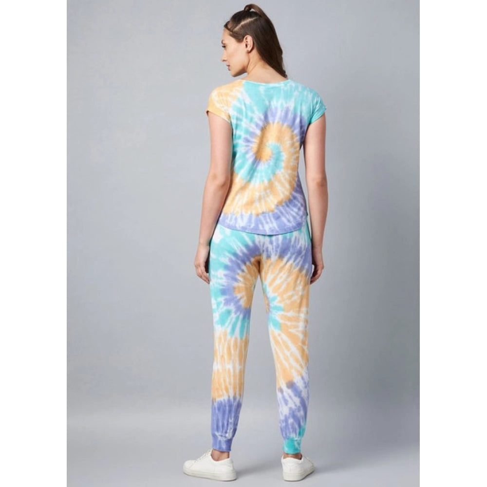Women's Cotton Tie And Dye Short Sleeve Tracksuit (Multicolor)