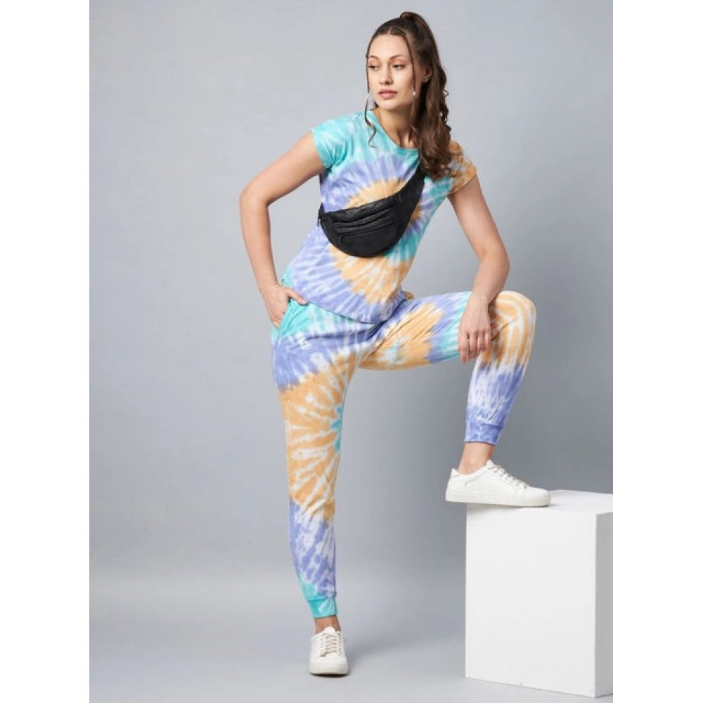 Women's Cotton Tie And Dye Short Sleeve Tracksuit (Multicolor)