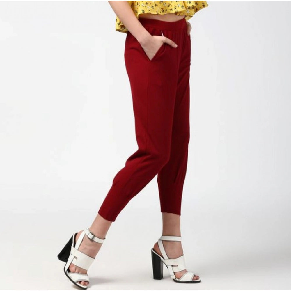 Women's Polyester Solid Elasticated Trousers (Maroon)