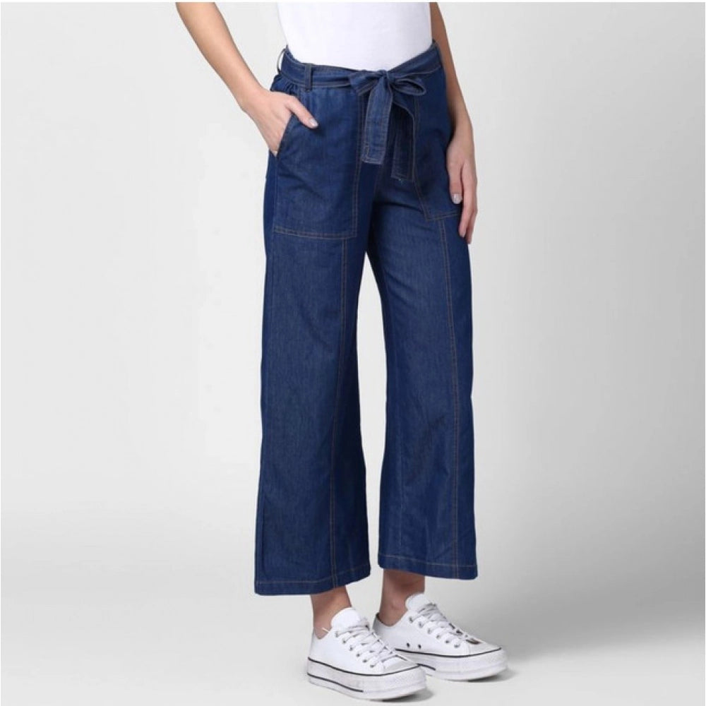 Women's Denim Solid Elasticated Trousers (Blue)