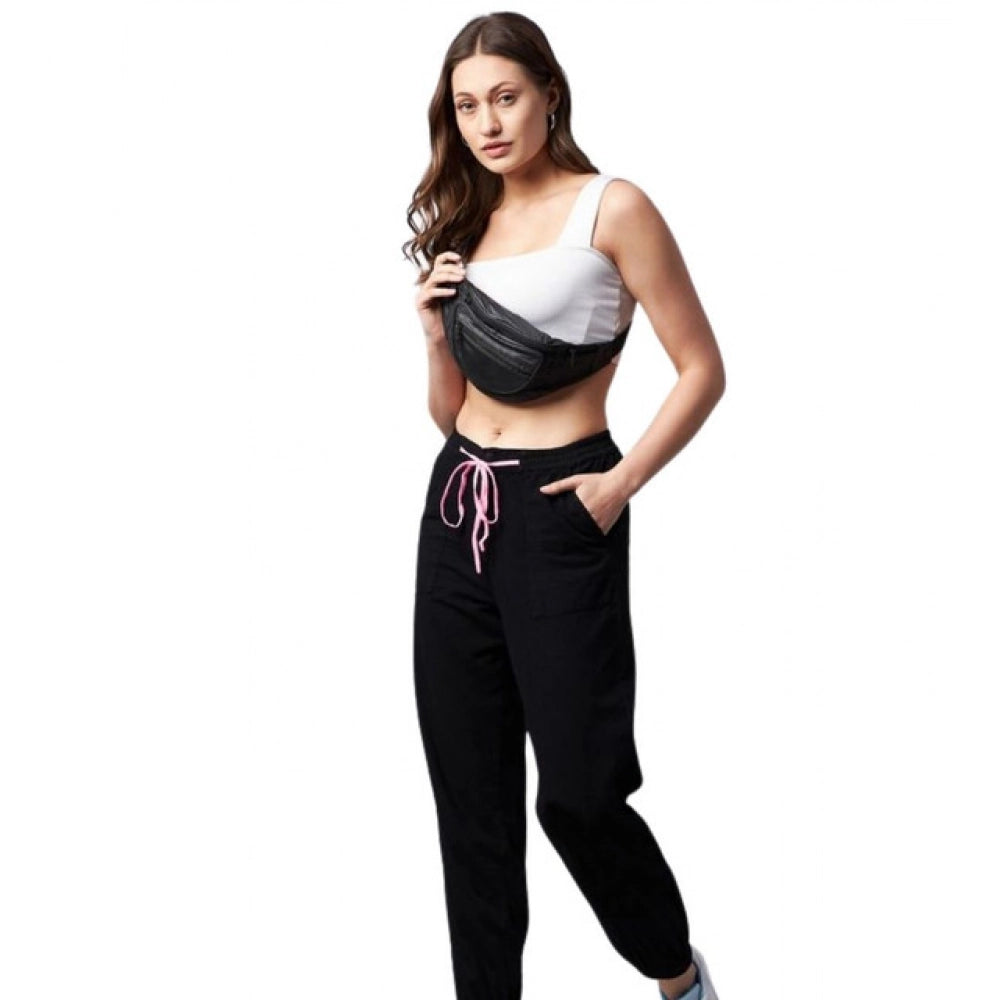 Women's Cotton Twill Solid Elasticated Trousers (Black)