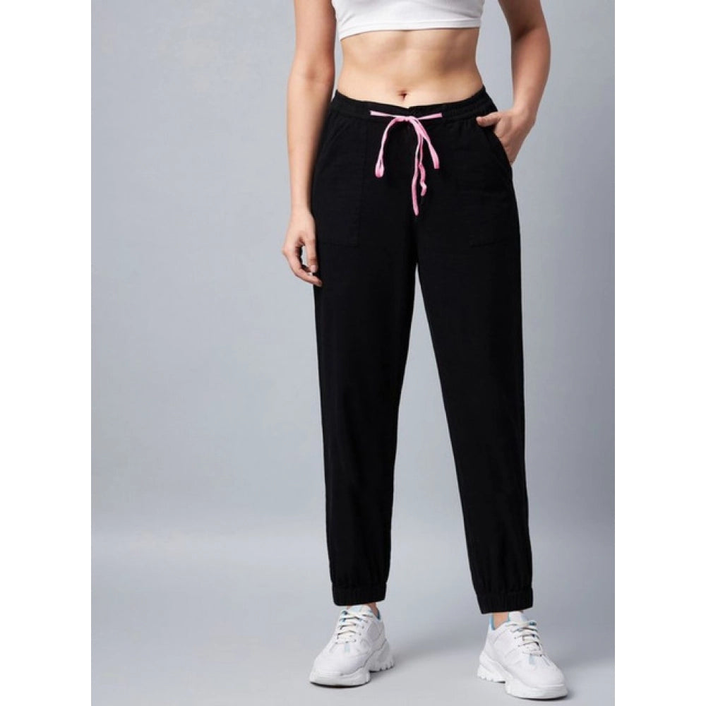 Women's Cotton Twill Solid Elasticated Trousers (Black)