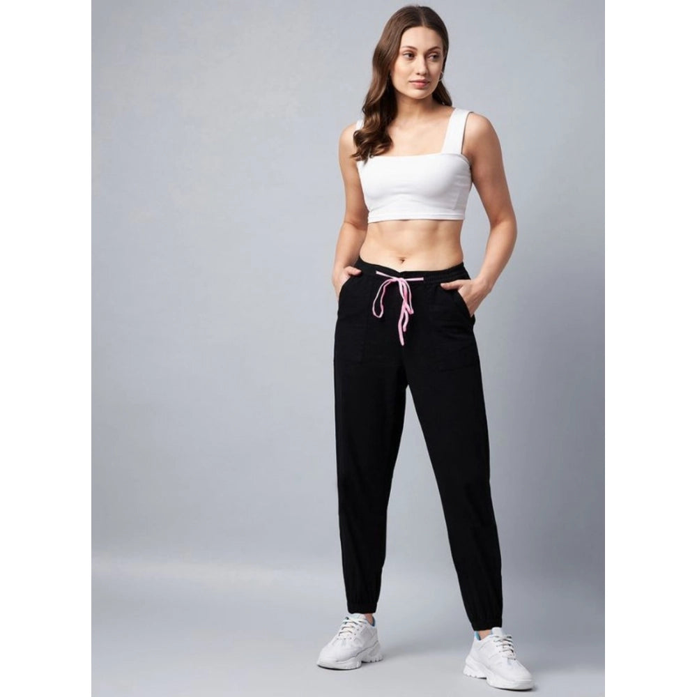 Women's Cotton Twill Solid Elasticated Trousers (Black)