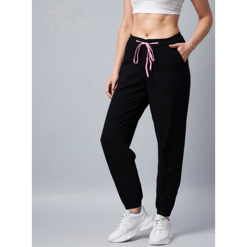 Women's Cotton Twill Solid Elasticated Trousers (Black)