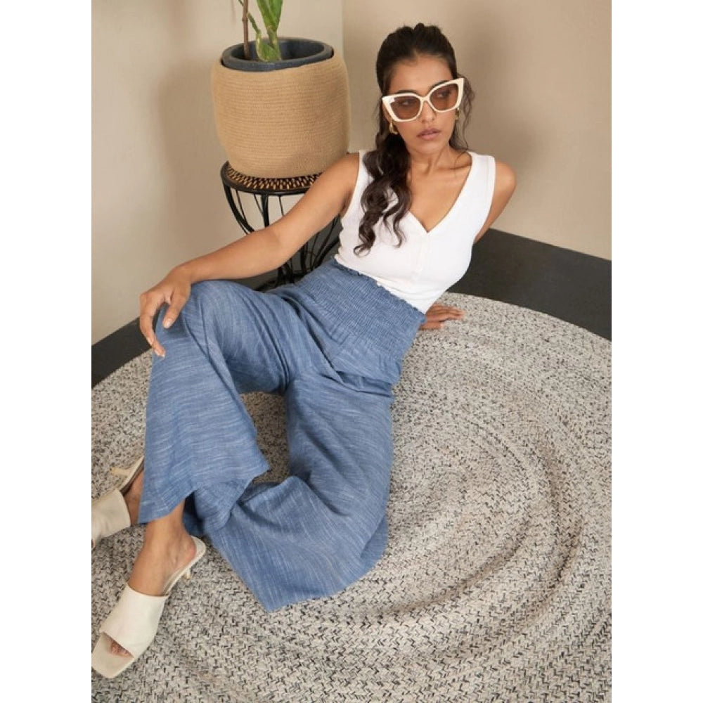 Women's Cotton Self Design Smocked Trousers (Blue)