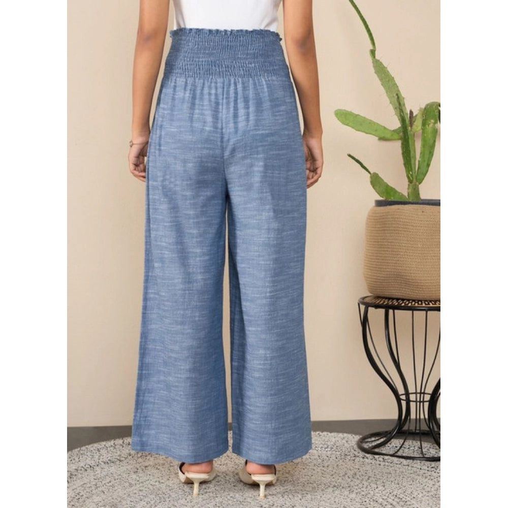 Women's Cotton Self Design Smocked Trousers (Blue)