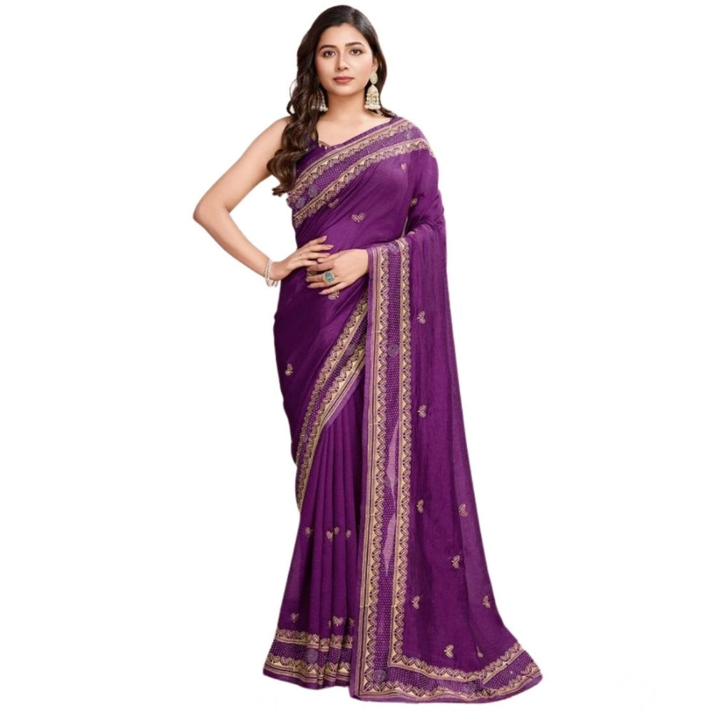Women's Vichitra Silk Embroidery Work Saree With Unstitched Blouse 5.5Mtr (Wine)