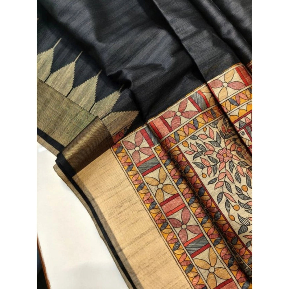 Women's Tussar Silk Madhubani Saree With Unstitched Blouse 5.5Mtr (Black)