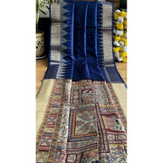 Women's Tussar Silk Madhubani Saree With Unstitched Blouse 5.5Mtr (Blue)