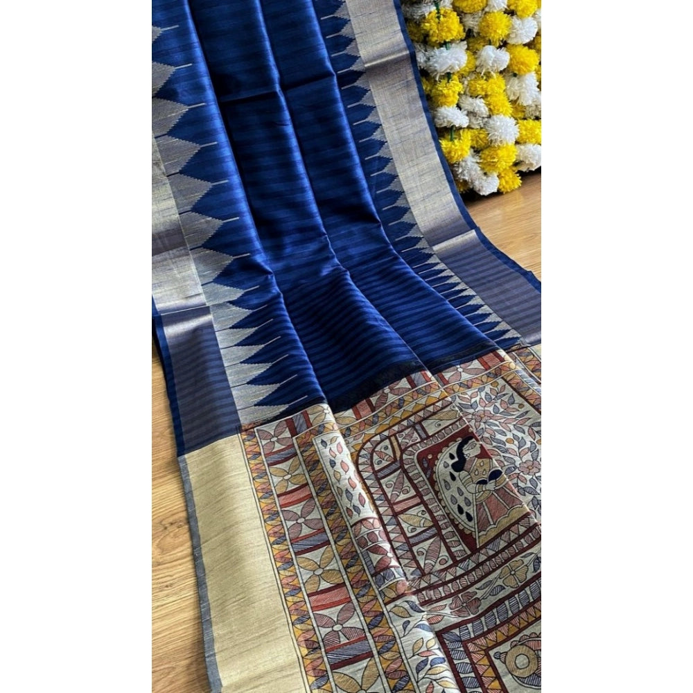 Women's Tussar Silk Madhubani Saree With Unstitched Blouse 5.5Mtr (Blue)