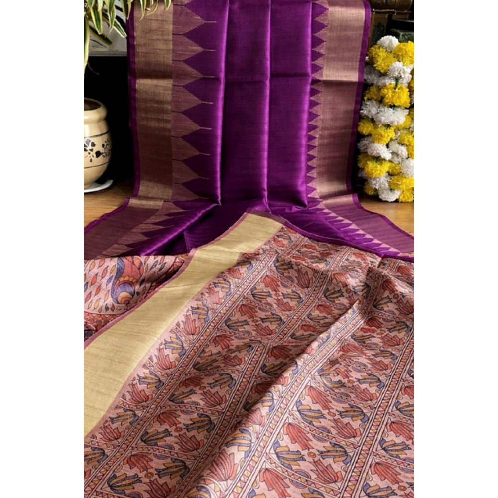 Women's Tussar Silk Madhubani Saree With Unstitched Blouse 5.5Mtr (Purple)
