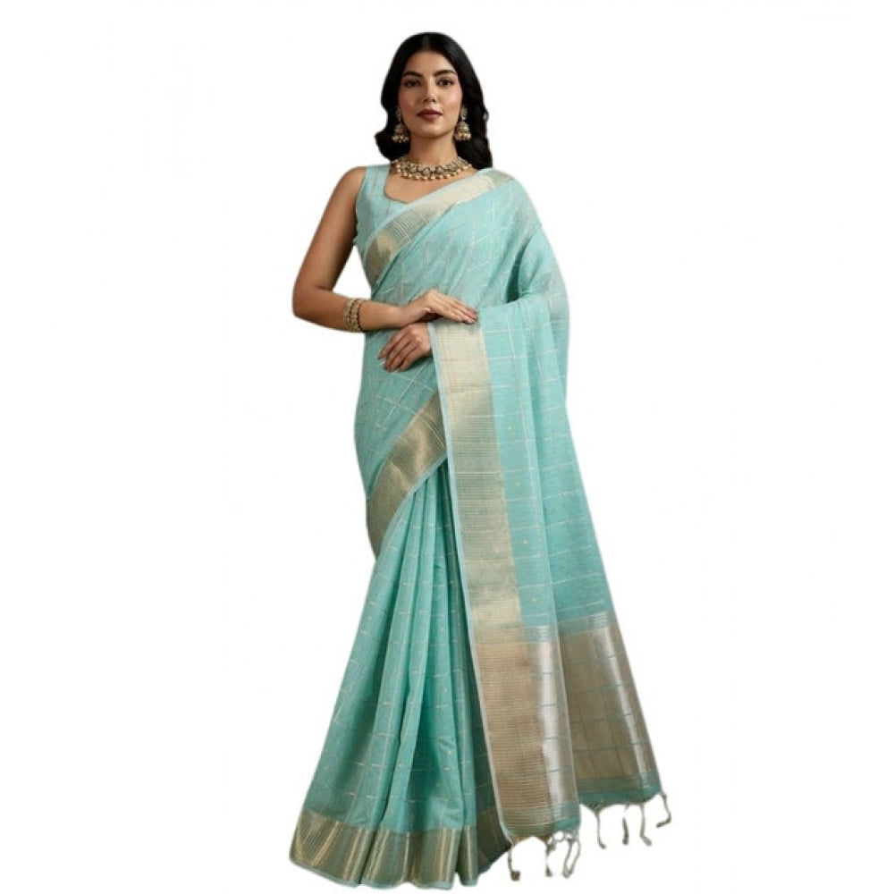 Women's Tissue Checks_With_Buttis Saree With Unstitched Blouse 5.5Mtr (Aqua_Blue)