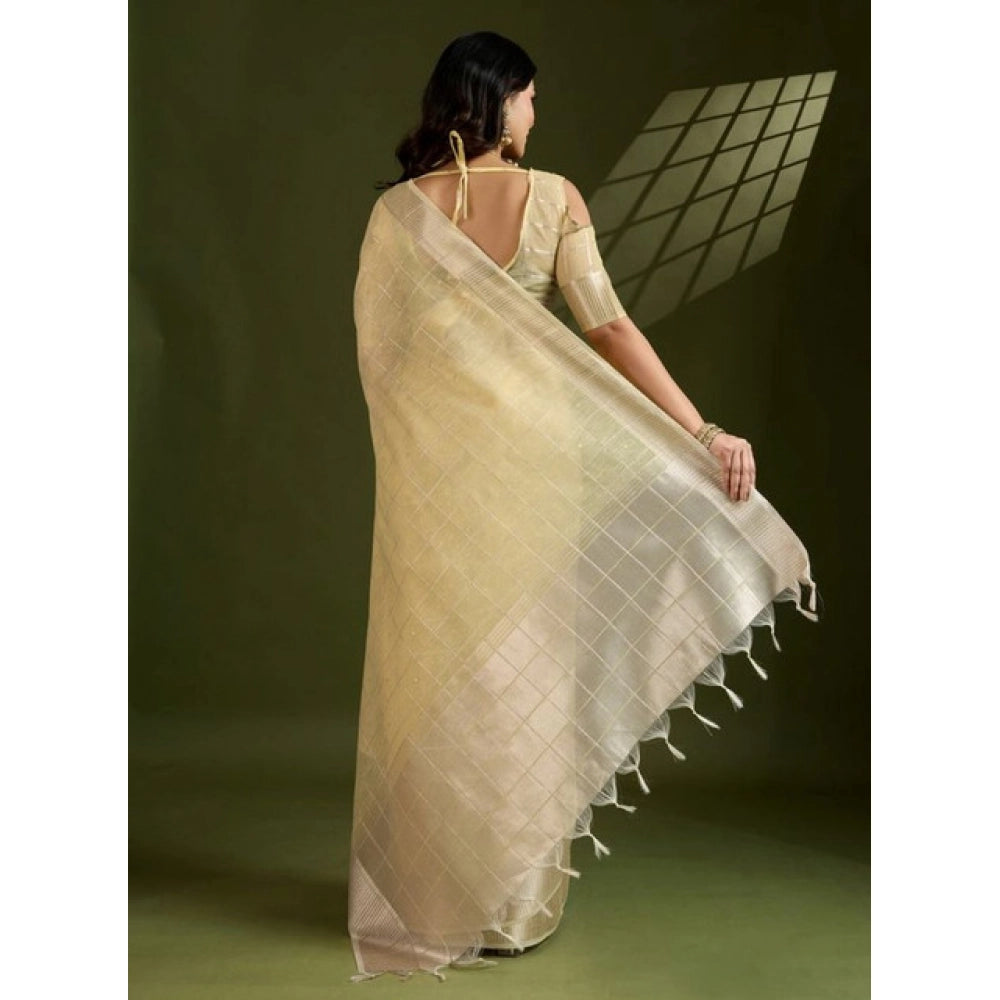 Women's Tissue Checks_With_Buttis Saree With Unstitched Blouse 5.5Mtr (Yellow)