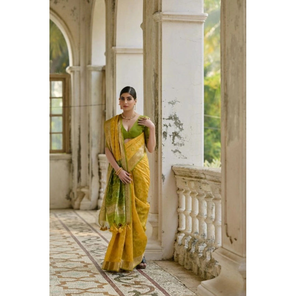 Women's Silk_Blend Ethnic Ikat Pattern Saree With Unstitched Blouse 5.5Mtr (Yellow)
