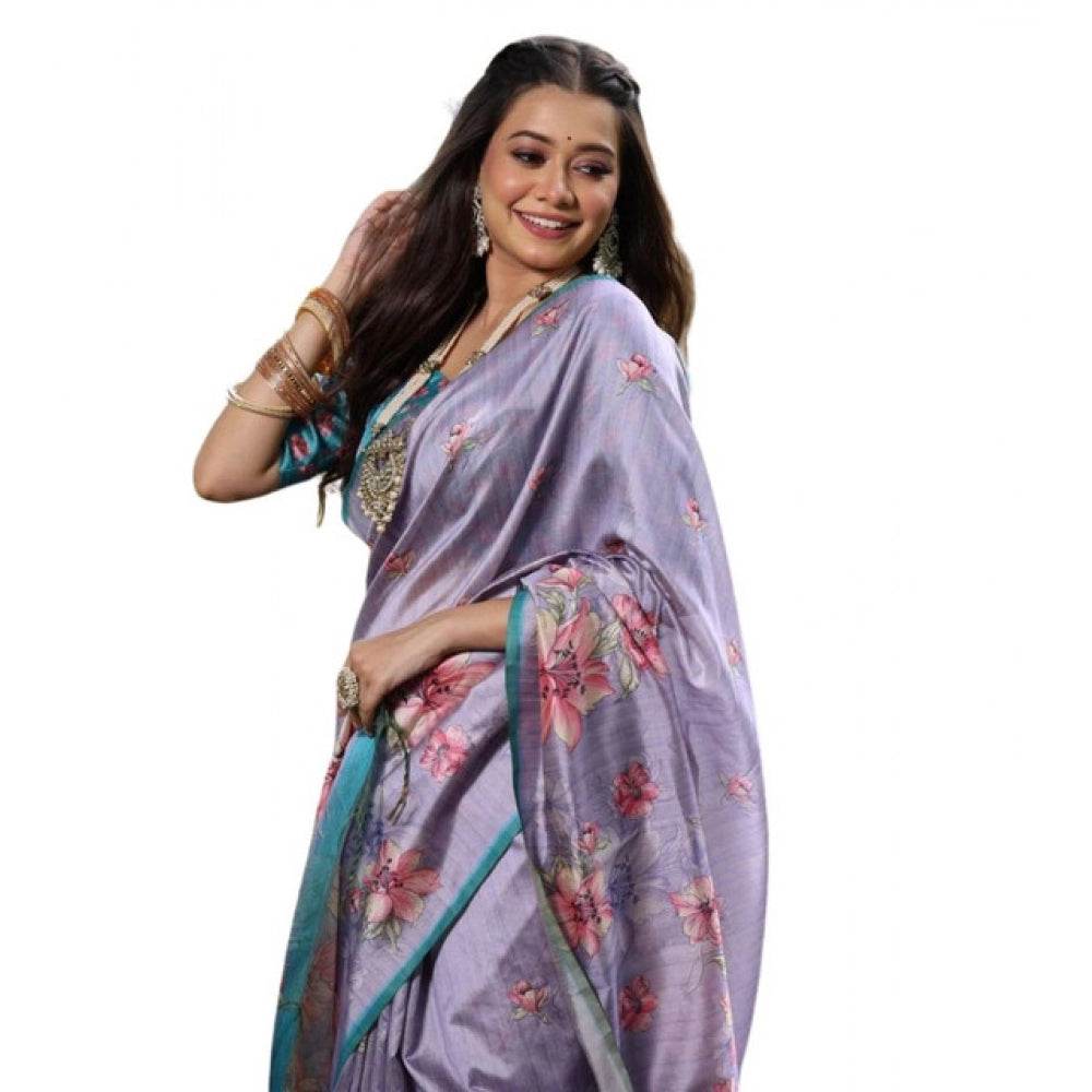 Women's Faux_Tussar Floral_Print Saree With Unstitched Blouse 5.5Mtr (Lavender)