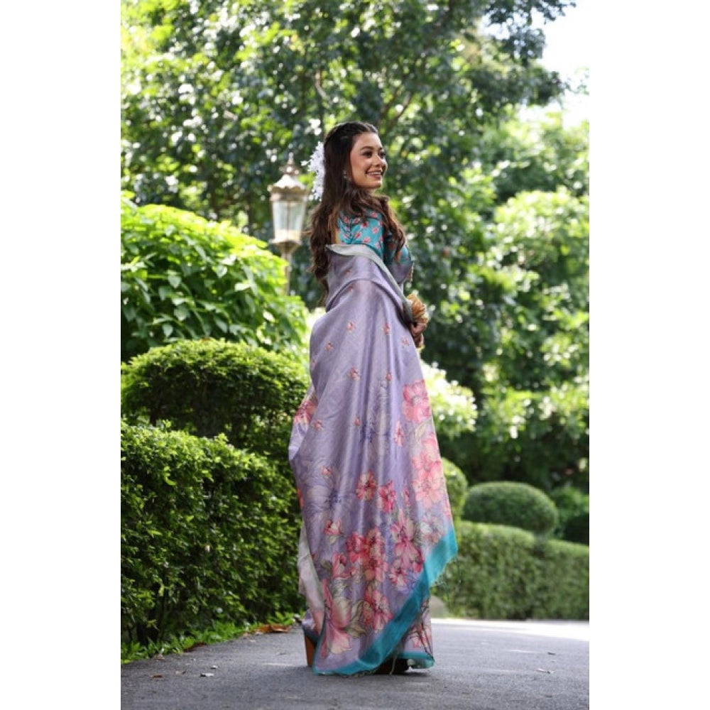 Women's Faux_Tussar Floral_Print Saree With Unstitched Blouse 5.5Mtr (Lavender)