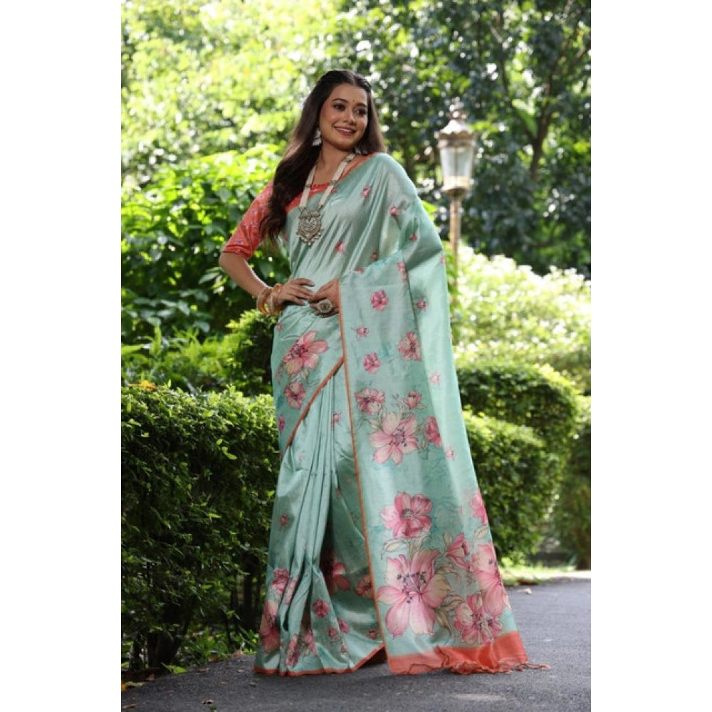 Women's Faux_Tussar Floral_Print Saree With Unstitched Blouse 5.5Mtr (Dark_Green)