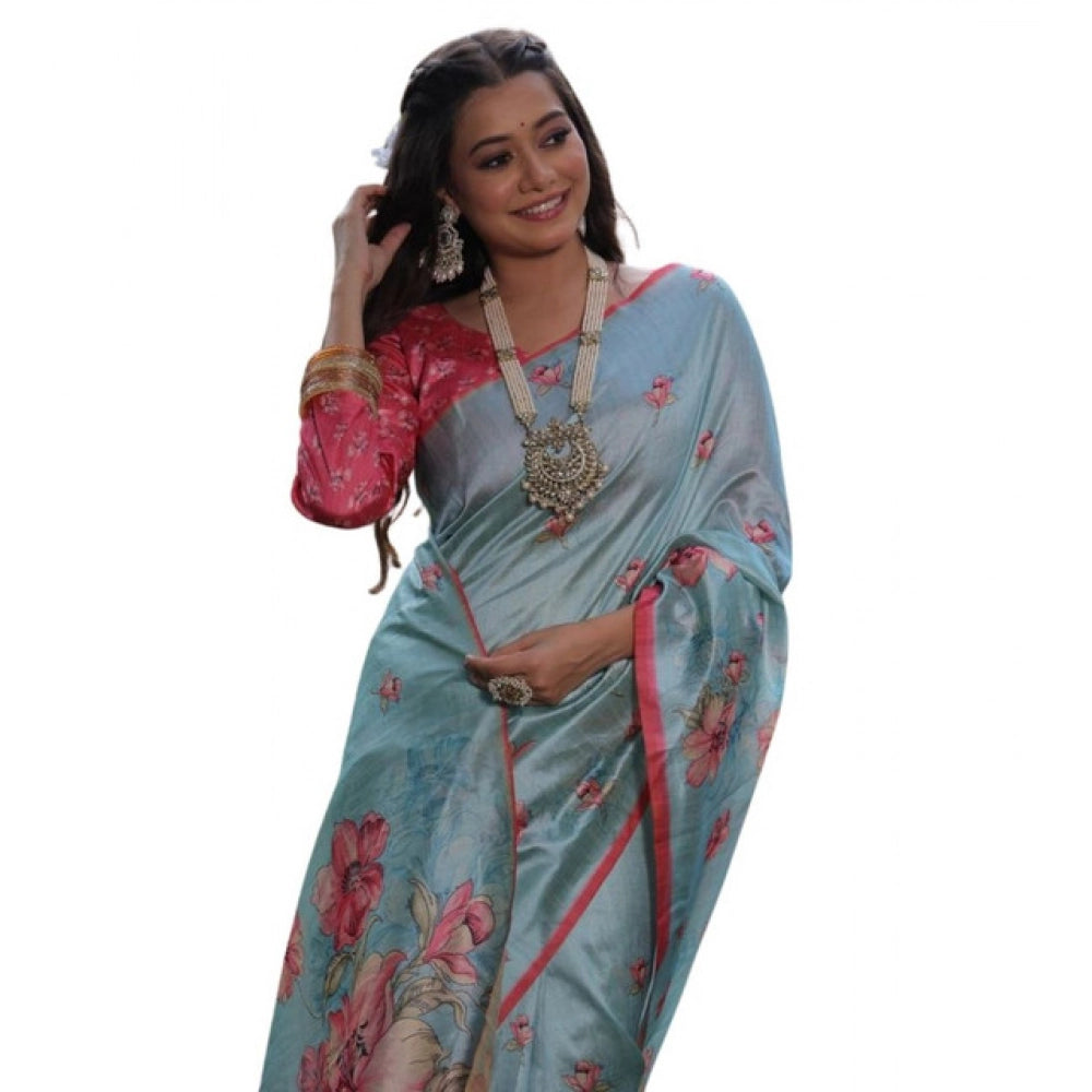Women's Faux_Tussar Floral_Print Saree With Unstitched Blouse 5.5Mtr (Sky_Blue)