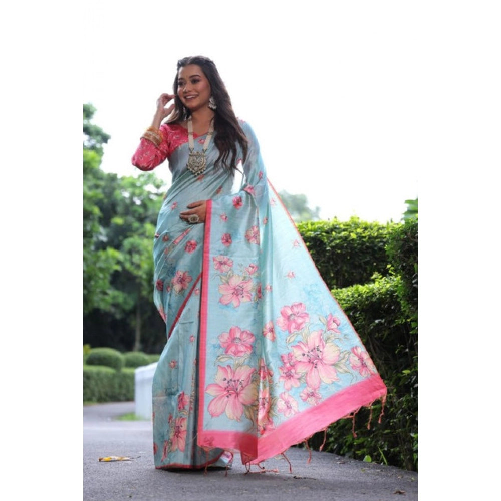 Women's Faux_Tussar Floral_Print Saree With Unstitched Blouse 5.5Mtr (Sky_Blue)