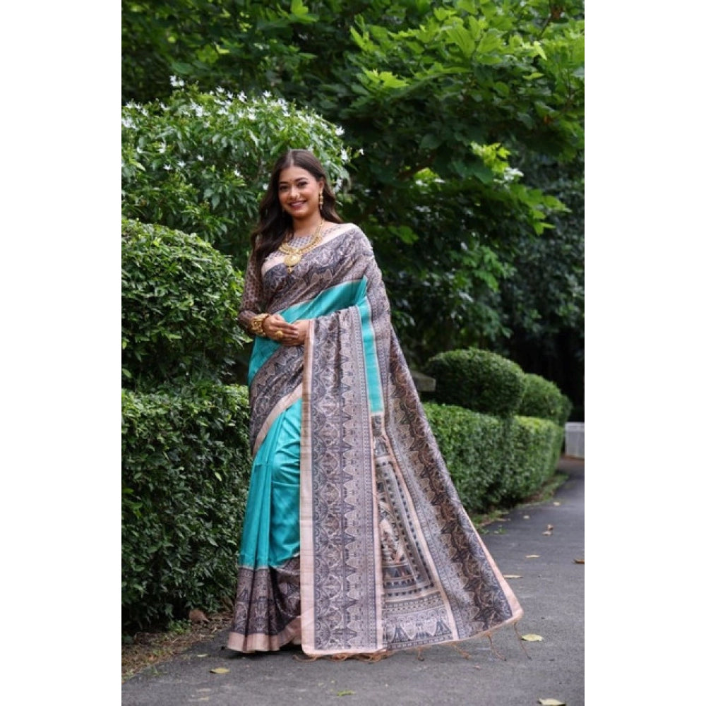 Women's Faux_Tussar Ethnic_Print Saree With Unstitched Blouse 5.5Mtr (Aqua_Blue)