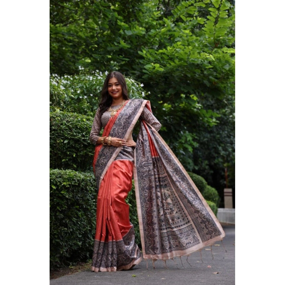 Women's Faux_Tussar Ethnic_Print Saree With Unstitched Blouse 5.5Mtr (Rust)