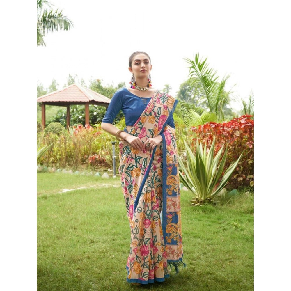 Women's Faux_Tussar Kalamkari_Print Saree With Unstitched Blouse 5.5Mtr (Blue)