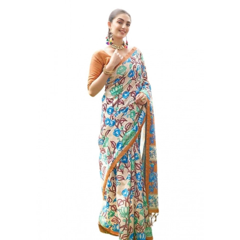 Women's Faux_Tussar Kalamkari_Print Saree With Unstitched Blouse 5.5Mtr (Brown)