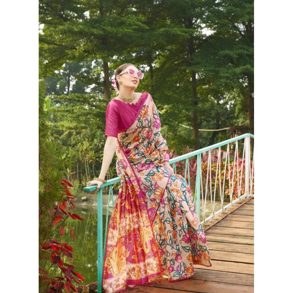 Women's Faux_Tussar Kalamkari_Print Saree With Unstitched Blouse 5.5Mtr (Pink)